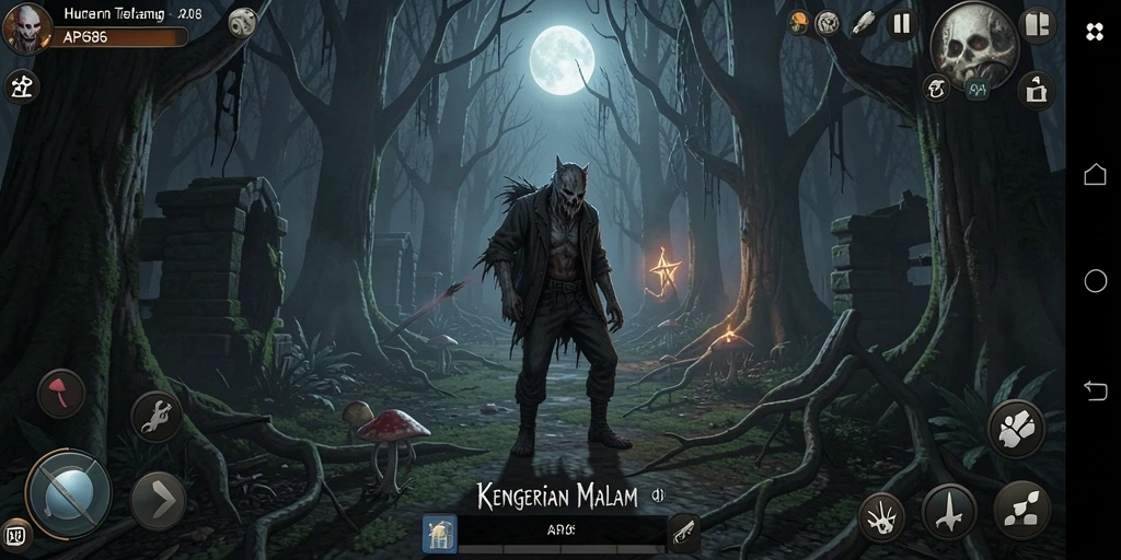 Screenshot gameplay AP686 dengan suasana menyeramkan di hutan terlarang.