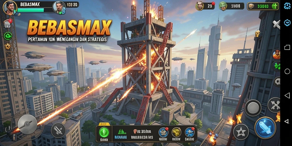 Tampilan gameplay menara pertahanan yang menegangkan di BEBASMAX.