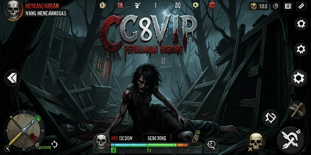Tampilan gameplay yang menegangkan dalam C8VIP dengan suasana horor yang kental.