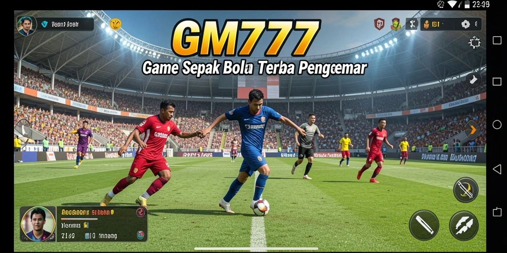 Screenshot GM777 menampilkan aksi seru di lapangan sepak bola.