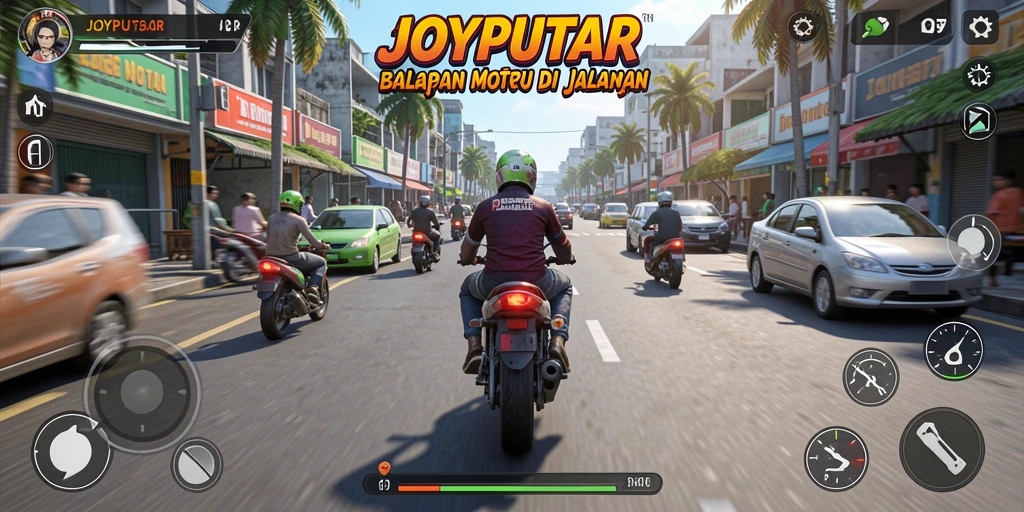Tampilan gameplay JOYPUTAR yang seru saat balapan motor.