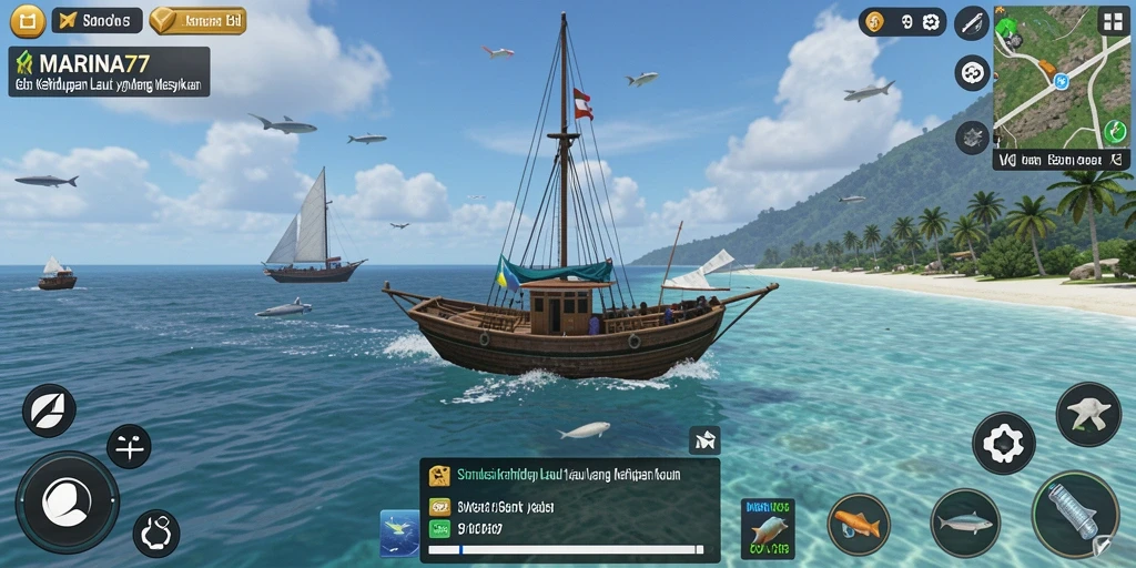 Screenshot gameplay <strong>MARINA77</strong> menampilkan ekosistem laut yang kaya dan berwarna.