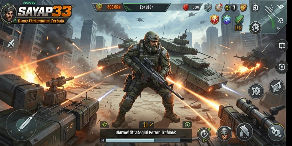Screenshot utama menunjukkan pejuang beraksi dalam pertempuran strategis.