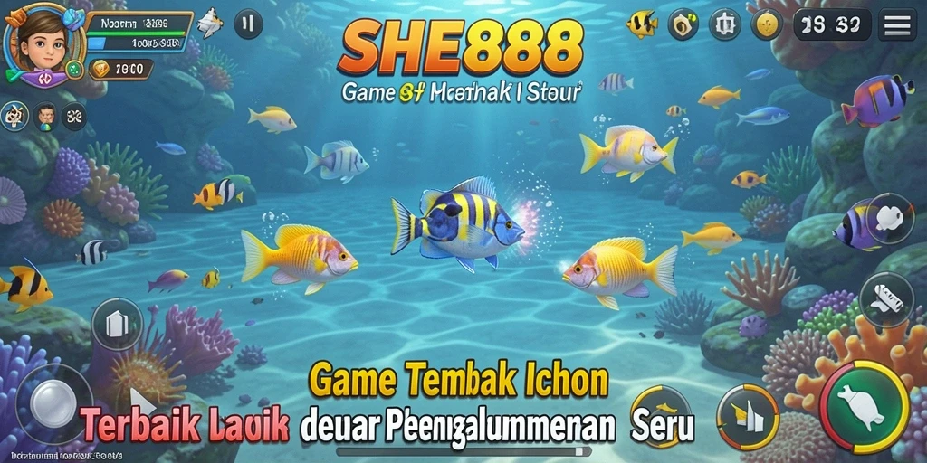 Screenshot utama SHE888 menampilkan aksi seru menembak ikan.