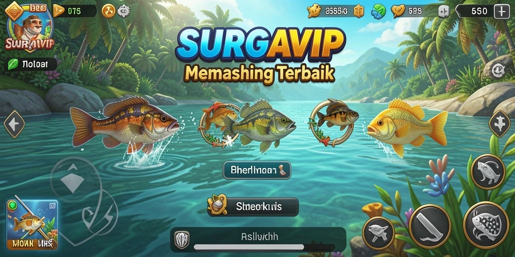 Tampilan gameplay SURGAVIP dengan suasana memancing yang realistis.