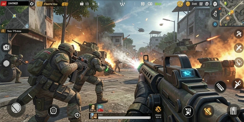 Tampilan gameplay seru dalam ZAVONZO dengan aksi pertempuran intens.